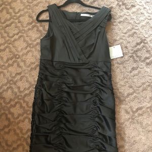 Black Ruched Stretch Satin Sheath Dress